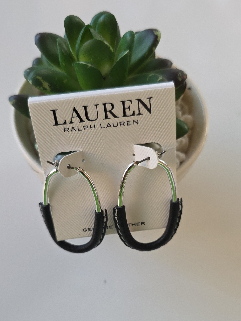 Lauren Ralph Lauren Black and Silver Leather-Trim Hoop Earrings